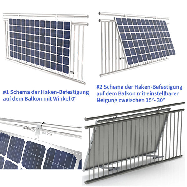 Balkonkraftwerk Montageset - Halterung für 2 Solarmodule|Geländer - bis 30° verstellbare Neigung