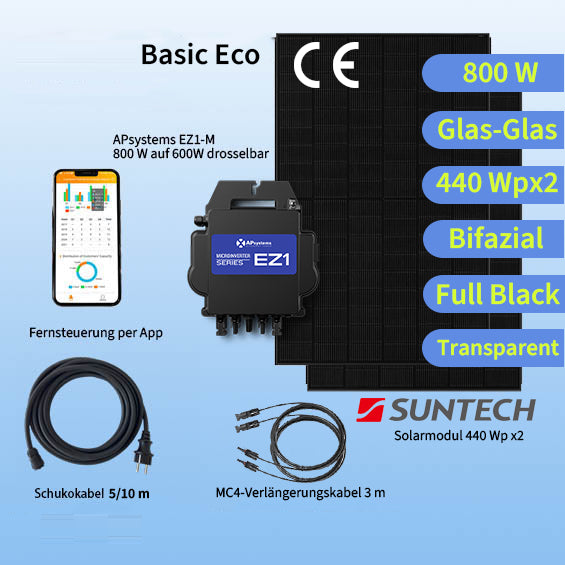 Balkonkraftwerk Basic Eco M 800W/880Wp|EZ1-M&Suntech 440 Bifazial Full Black