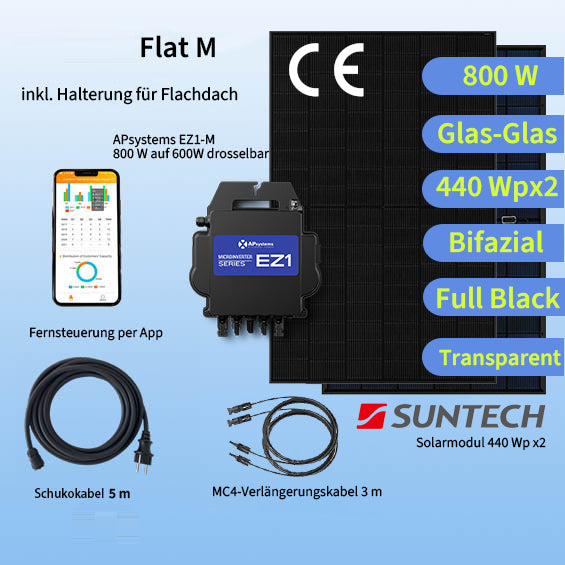 Balkonkraftwerk Flat-M 800W/880Wp Komplettset EZ1-M & Suntech 440 Bifazial