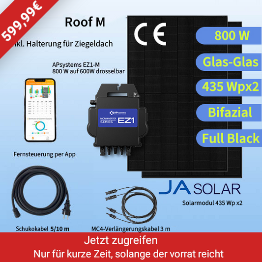 Roof M|Balkonkraftwerk 800W/870Wp|Ziegeldach|EZ1-M&JA Solar 435 Bifazial&5m Schukokabel